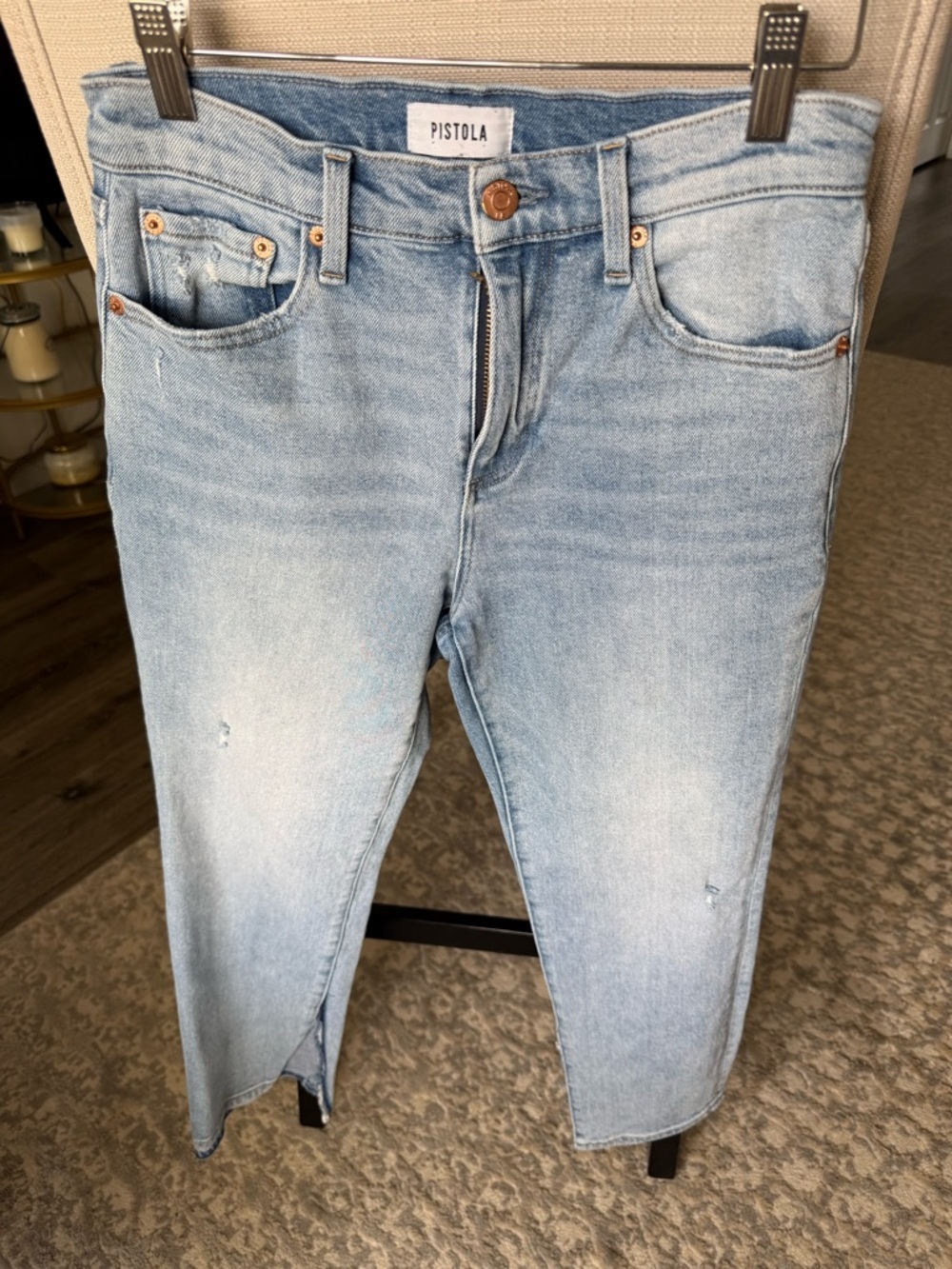 Pistola Light Wash Straight Crop Jeans Size 26 Raw Hem Distressed Ankle - Picture 2 of 9